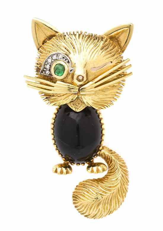 Appraisal: An Karat Yellow Gold Onyx Emerald and Diamond Cat Brooch