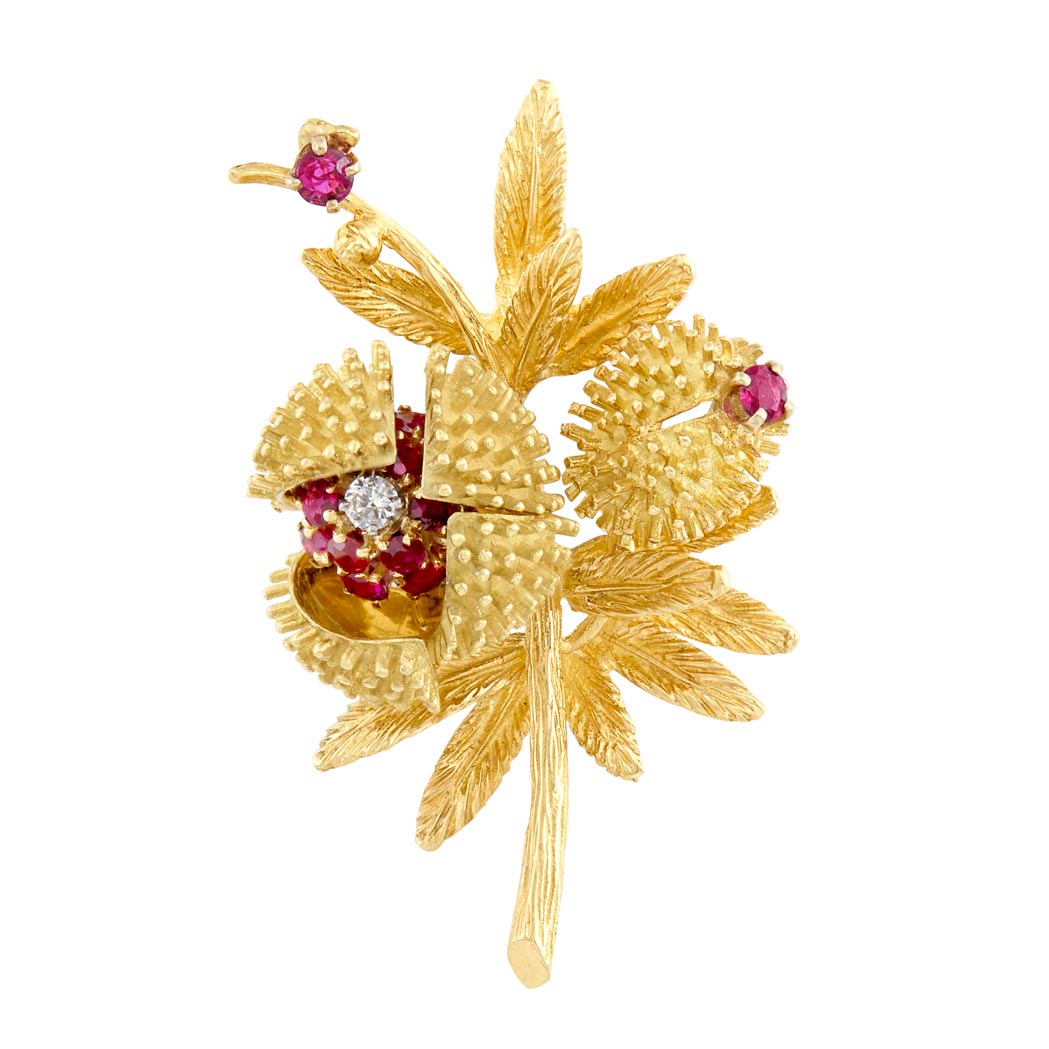 Appraisal: Gold Ruby and Diamond Flower Brooch Tiffany Co Movable petals