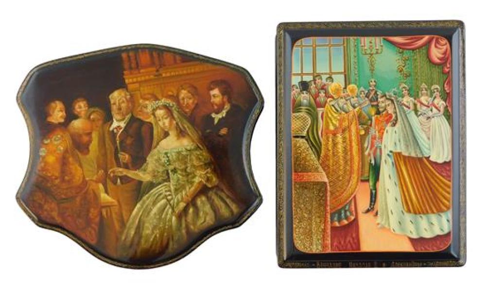 Appraisal: Russian hand-painted lacquer boxes two larger boxes depicting weddings details