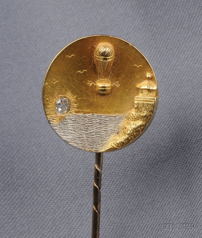 Appraisal: Antique kt Gold and Diamond Hot Air Balloon Stickpin depicting