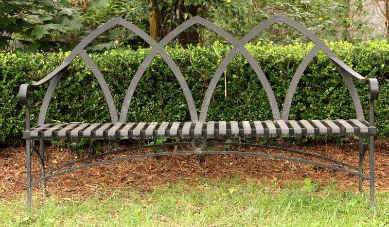 Appraisal: Gothic Style Garden Benchcontemporary three arch back slat form bench