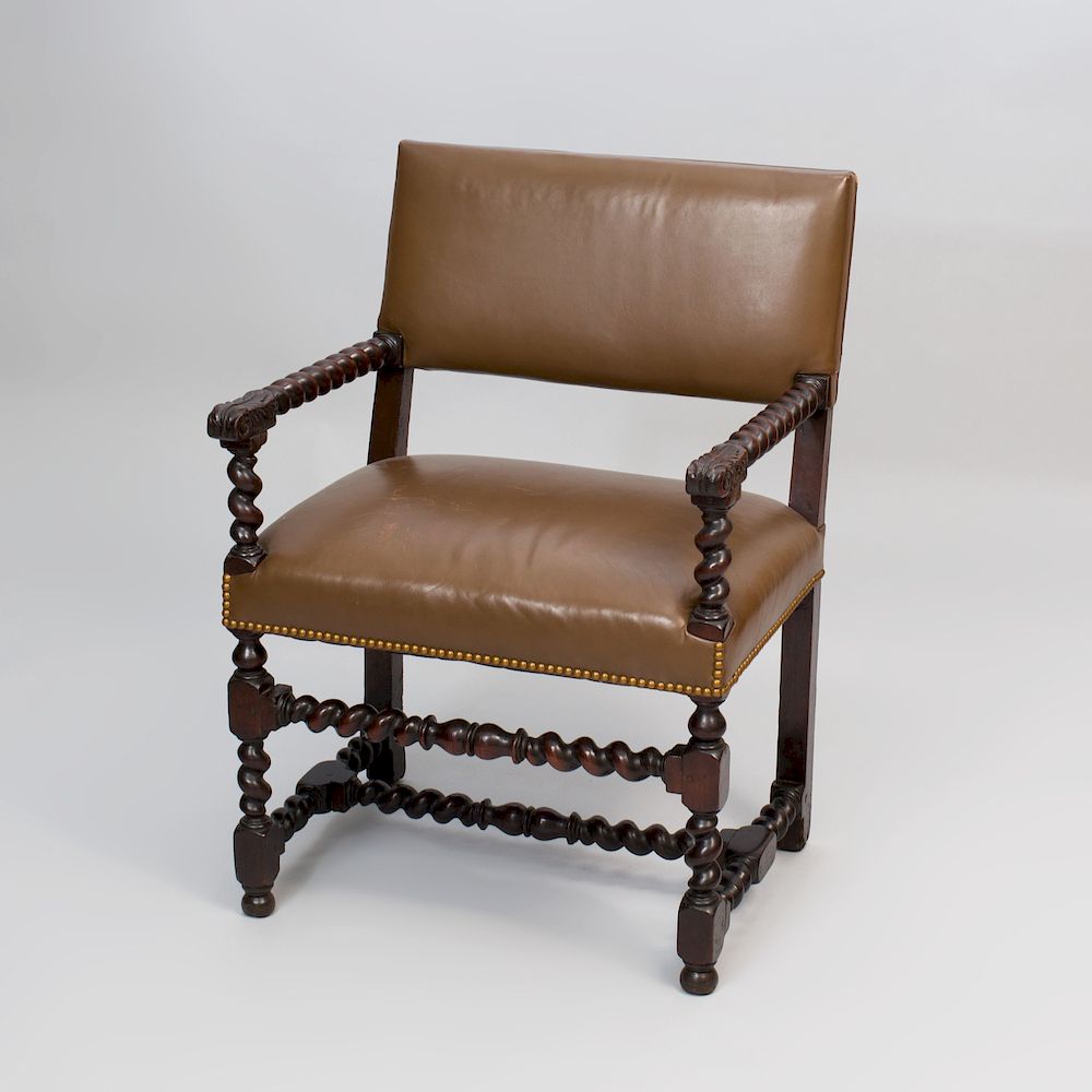 Appraisal: Flemish Baroque Style Turned Walnut Open Armchair Upholstered in leather