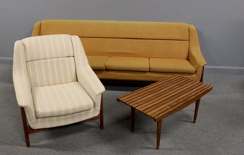 Appraisal: MIDCENTURY Sofa With Arm Chair Slatted Table Large Sofa Designed