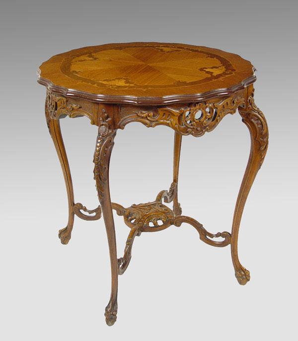 Appraisal: 'S CARVED PARLOR TABLE Parquetry inlaid top elaborated pierce carved