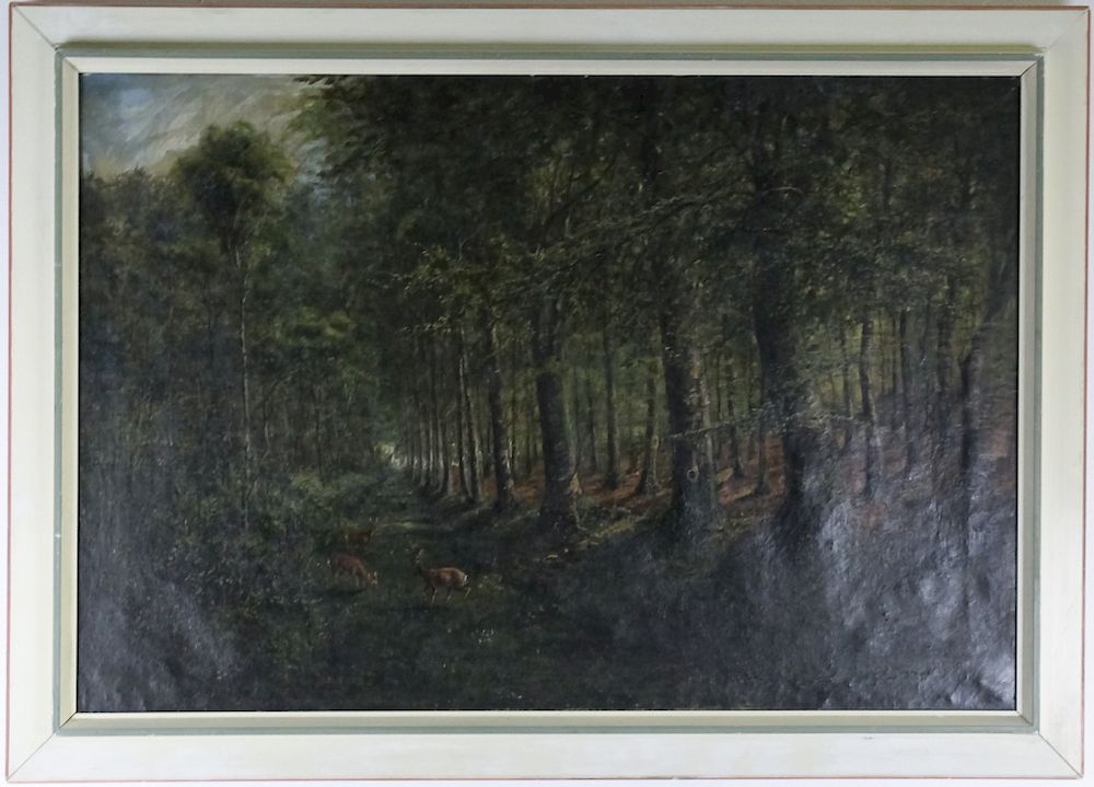 Appraisal: 's Signed BC Deer In Woods Landscape Painting Antique mystery