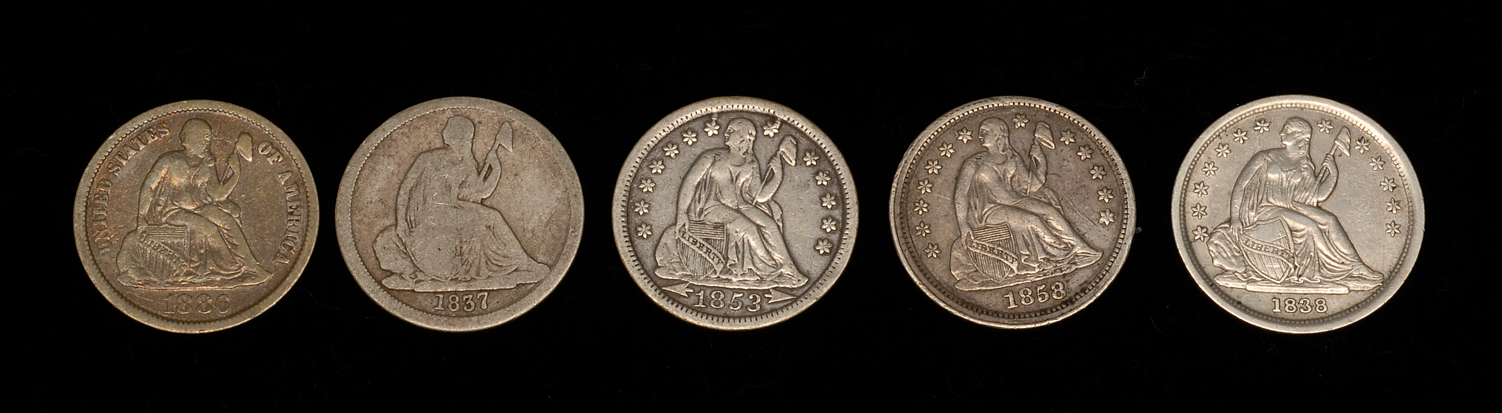 Appraisal: FIVE U S SEATED LIBERTY DIMES No Stars and Conditions