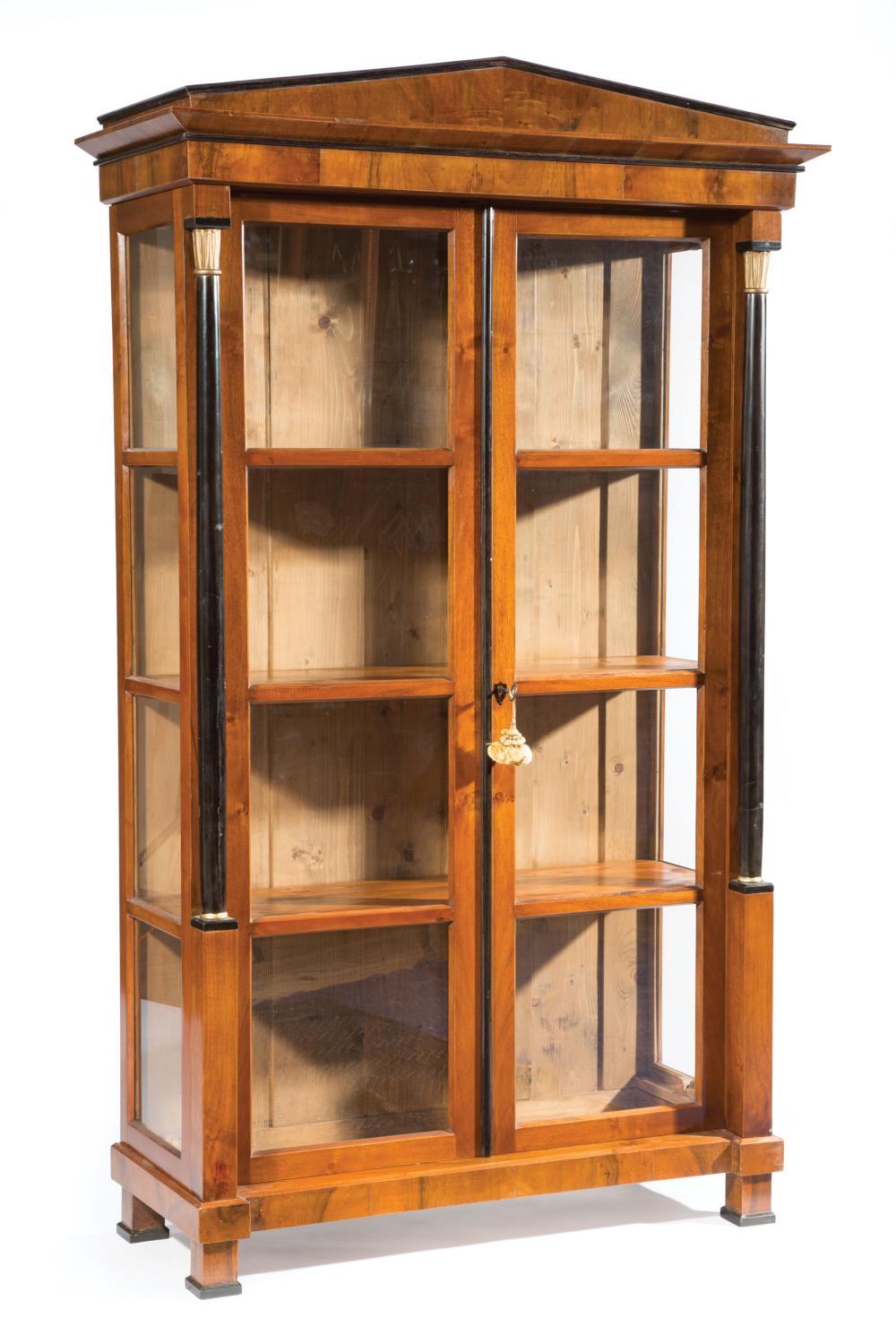 Appraisal: Antique Biedermeier-Style Parcel Gilt and Ebonized Fruitwood Vitrine molded pedimented