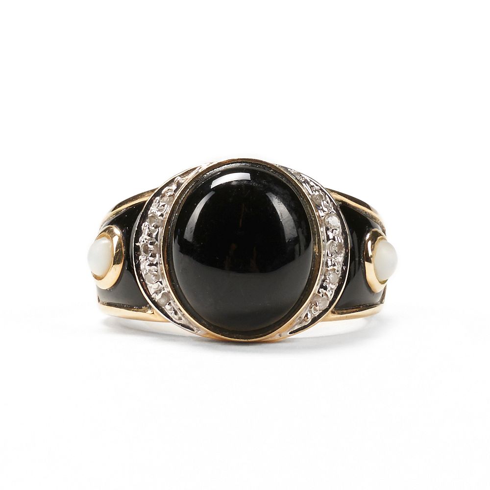 Appraisal: K Gold Onyx Mother of Pearl Diamond Ring K gold