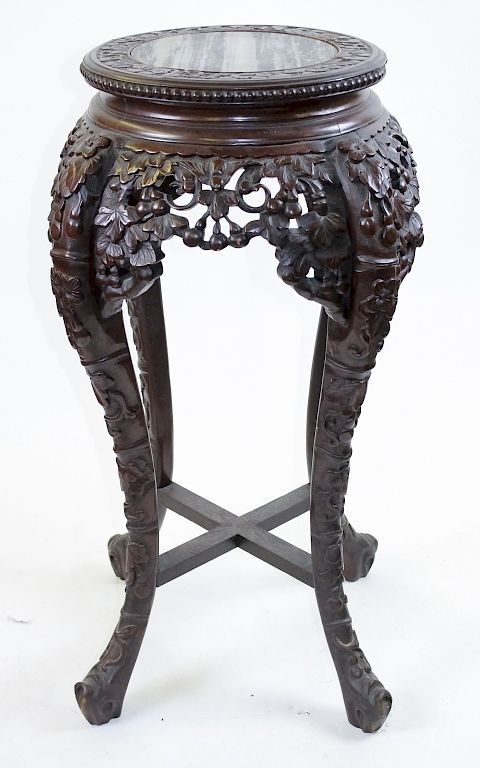 Appraisal: Chinese Export Carved Hardwood Marble Table Stand Chinese export deep