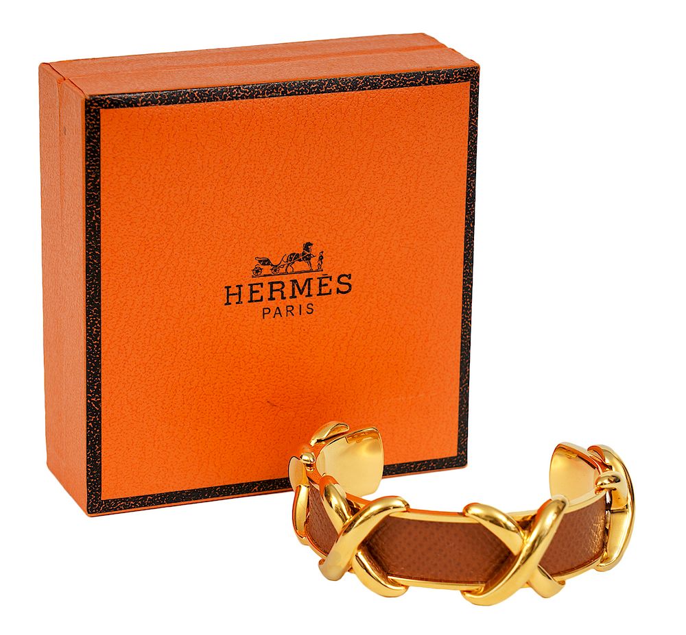 Appraisal: Herme s Brown Leather Gold Tone Cuff Bracelet Hermes brown