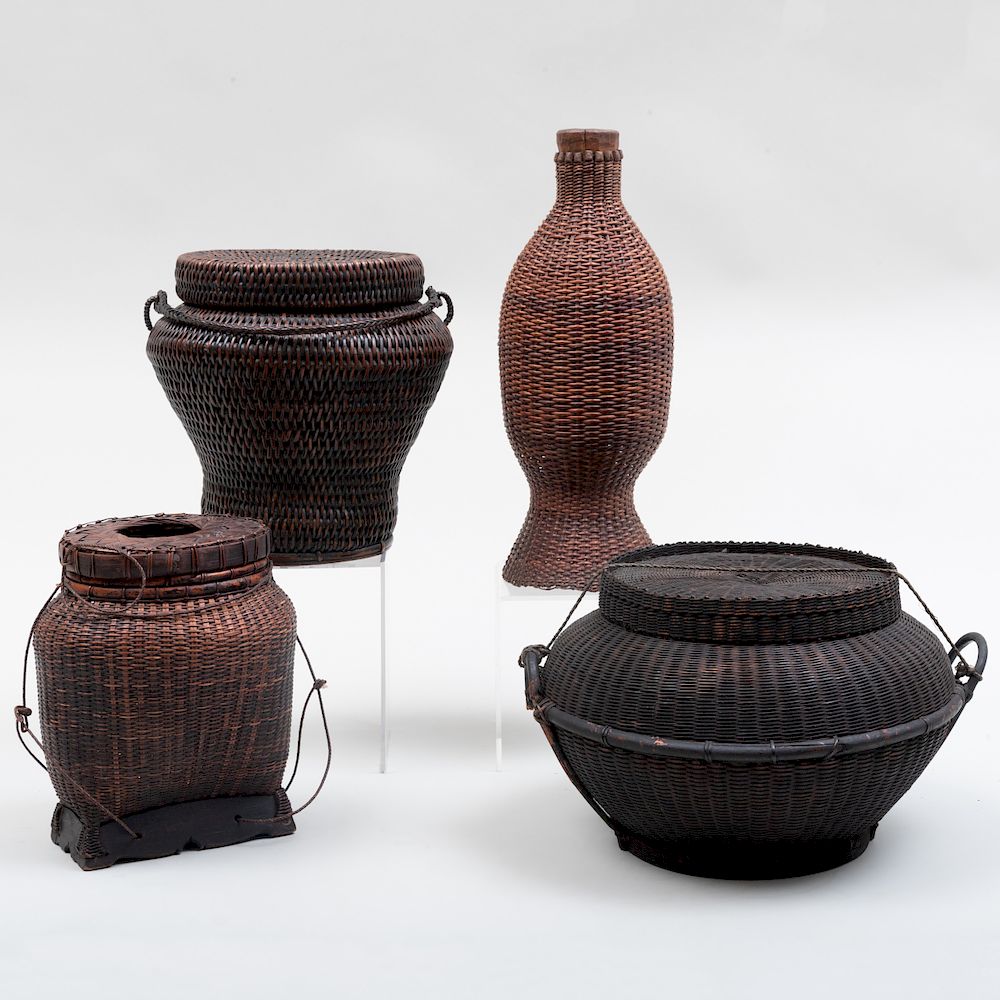 Appraisal: Group of Three Southeast Asian Woven Covered Baskets Together with