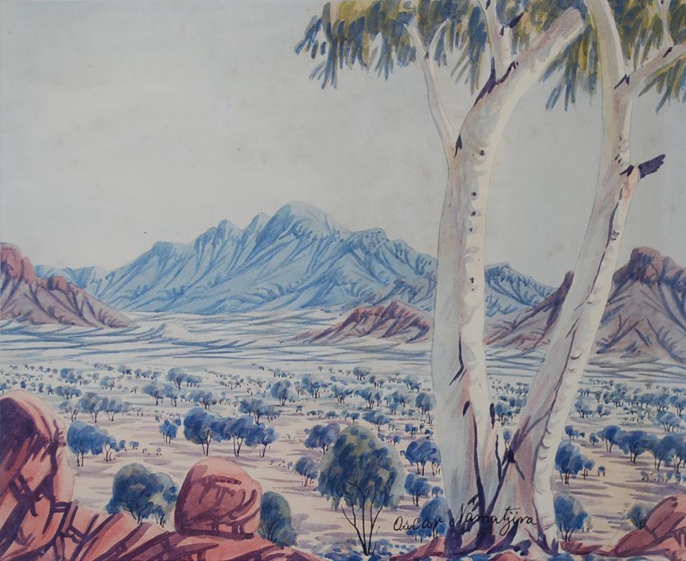 Appraisal: OSCAR NAMATJIRA LANDSCAPE WATERCOLOUR X CM OSCAR NAMATJIRA LANDSCAPE WATERCOLOUR