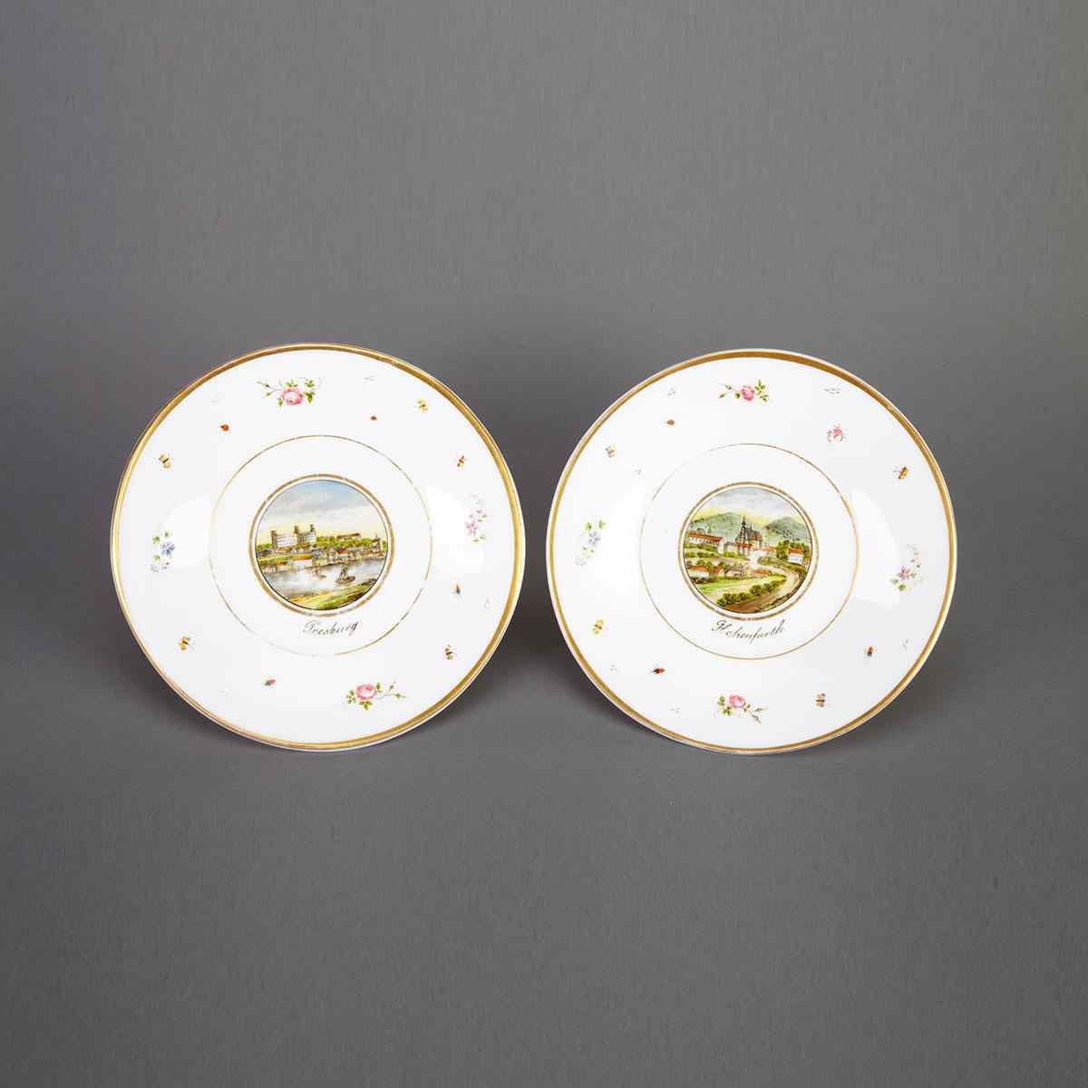 Appraisal: Pair of Bohemian Enameled Opaque White Glass Topographical Plates mid-