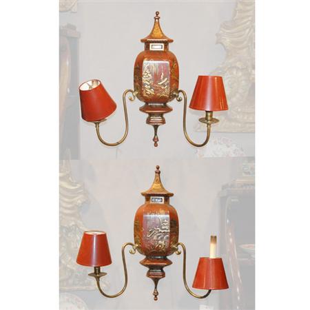 Appraisal: Pair of Regency Style Red Lacquered Two-Light Sconces Estimate -