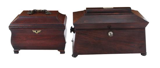 Appraisal: English mahogany tea caddies th century coffered-form caddy with compartments