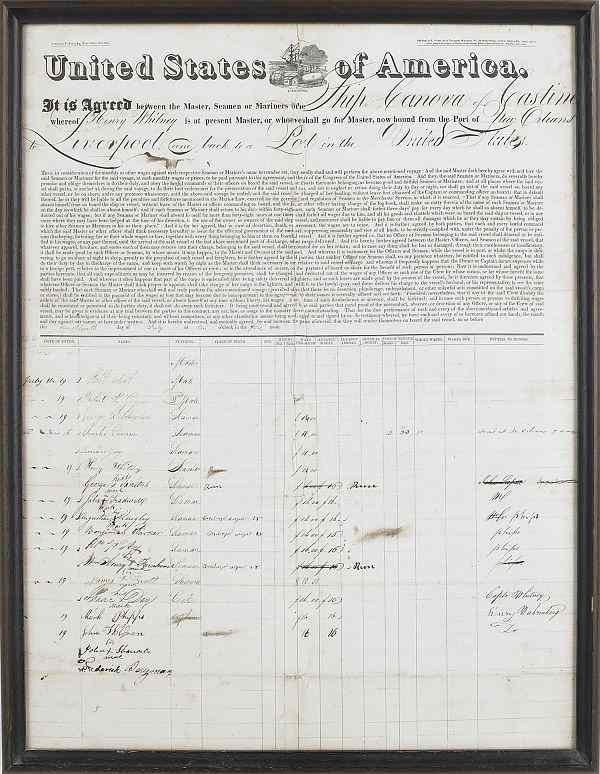 Appraisal: Framed ship's manifest for the Canova of Castine Captain Henry