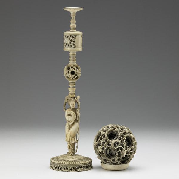 Appraisal: Carved ivory puzzle ball on stand th C Ivory with