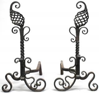 Appraisal: Pair of Vintage Wrought Iron Andirons With twisting openwork ball