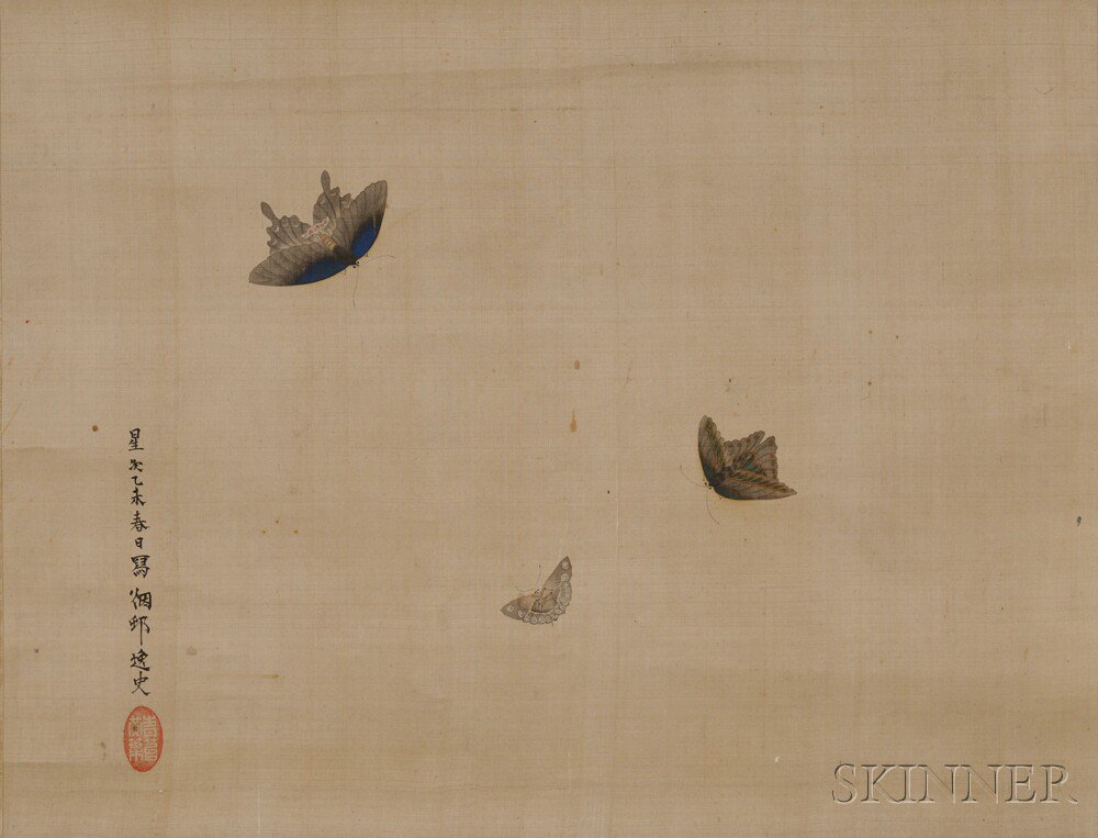 Appraisal: Painting Depicting Three Butterflies Japan th century on a blank