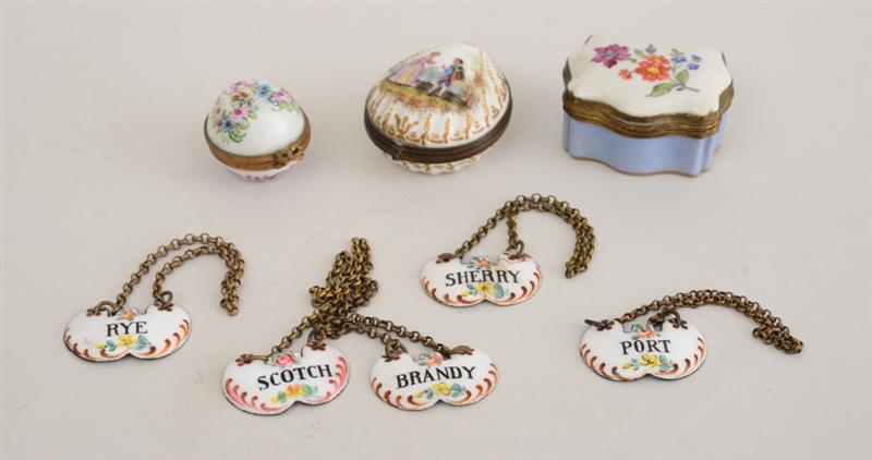 Appraisal: THREE PORCELAIN BOXES AND FIVE ENAMEL LIQUOR LABELS The one