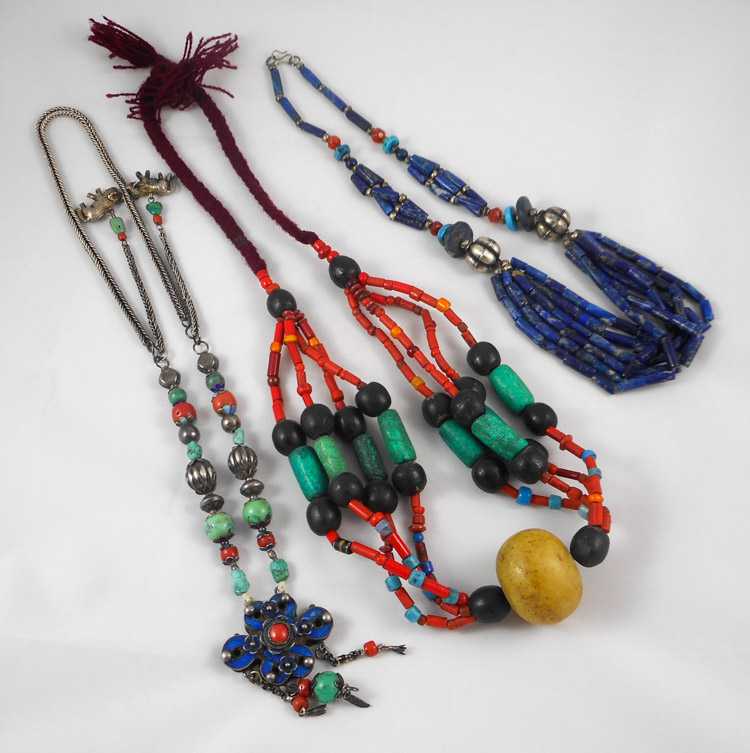 Appraisal: THREE BEAD NECKLACES including a - inch lapis lazuli bead