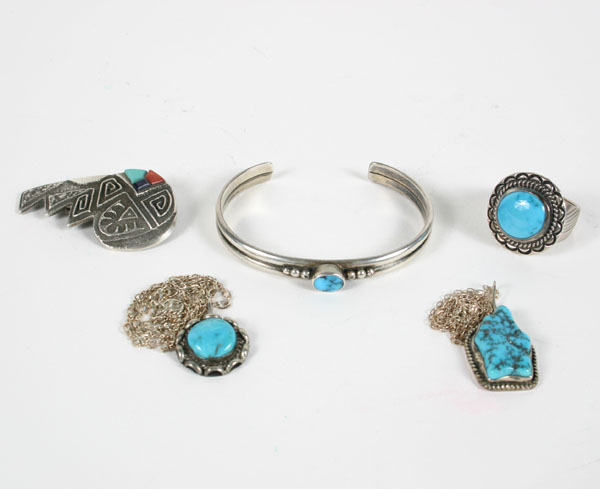 Appraisal: Lot of five pieces Native American sterling turquoise jewelry including