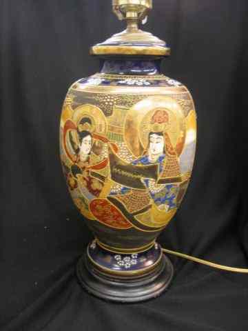 Appraisal: Japanese Satsuma Pottery Lamp Geisha decor cobalt field '' body