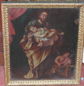 Appraisal: Spanish Colonial Oil on Panel of St Joseph Bearing the