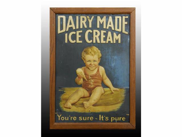 Appraisal: Dairy Made Ice Cream Tin Embossed Sign Description Graphically pleasing