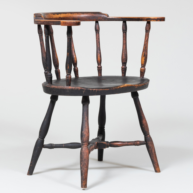 Appraisal: English Black Painted Barrel Backed Windsor Chair Marked in paint