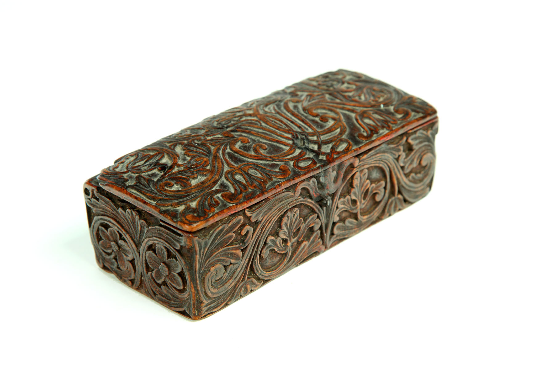 Appraisal: CARVED BOX American late th century burl Intricately carved on