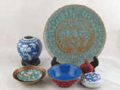 Appraisal: Seven mostly Chinese items including a red lacquer snuff bottle