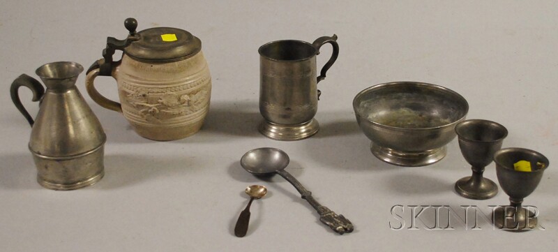 Appraisal: Seven Pewter Articles and a Pewter-lidded Stoneware Stein a spoon