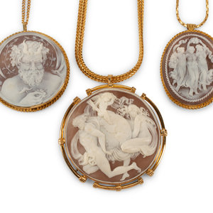 Appraisal: Three Italian Carved Cameos with Silver-Gilt Mounts each marked ITALY