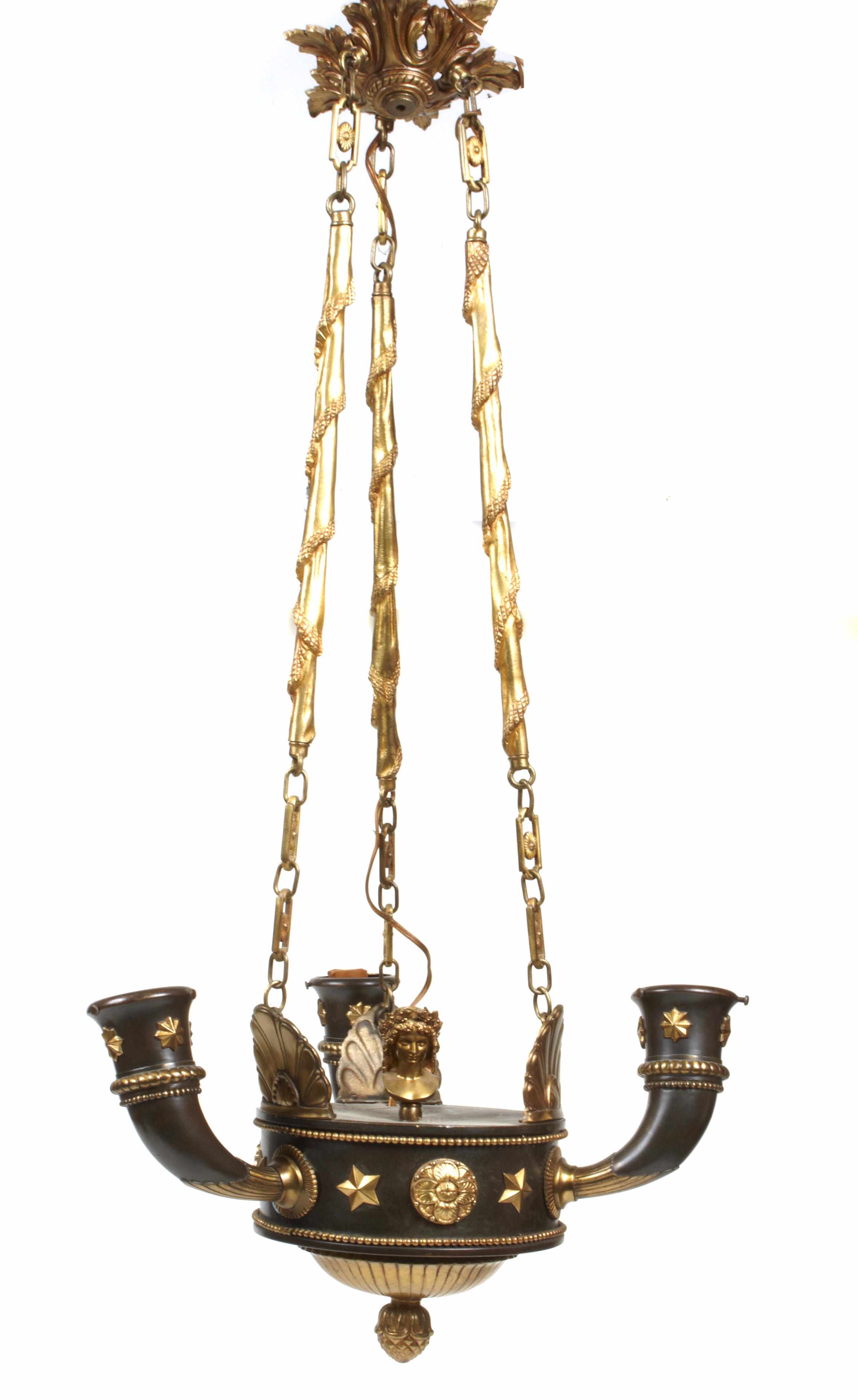 Appraisal: An Empire style gilt and patinated bronze three light chandelier