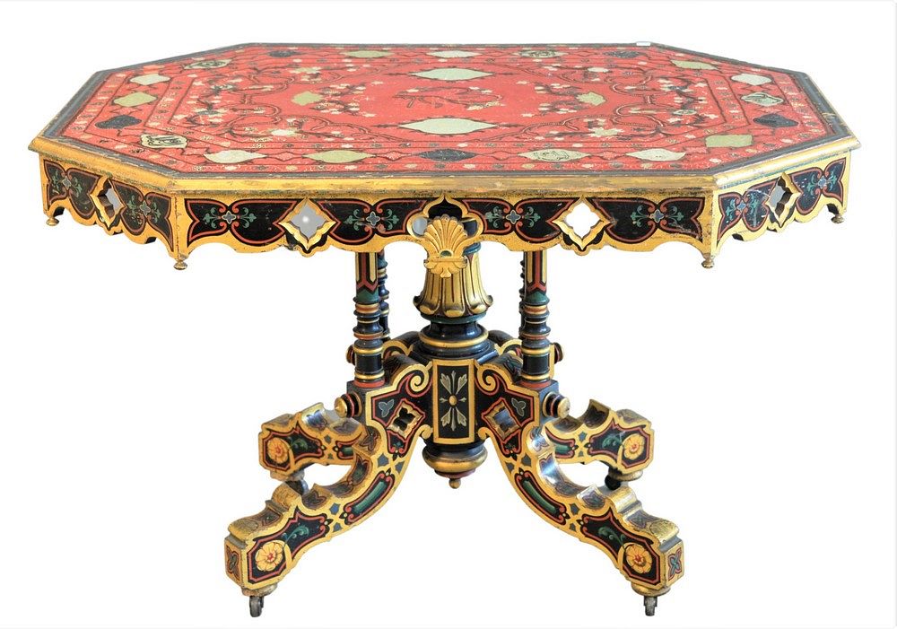 Appraisal: Turkish Center Table having embroidered top over painted pedestal base