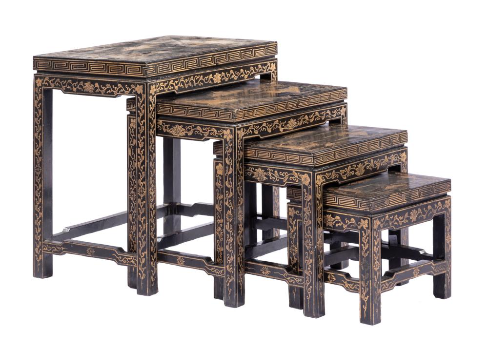 Appraisal: Four Continental Black Lacquered Chinoiserie Nesting Tables rectangular top square