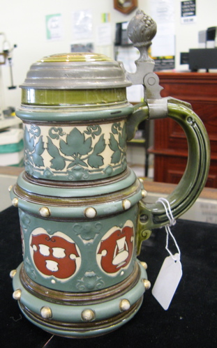 Appraisal: GERMAN METTLACH BEER STEIN liter no Etched with inlaid lid