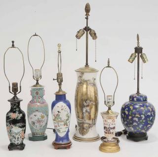 Appraisal: Group Six Porcelain and Glass Lamps one Chinese famille rose