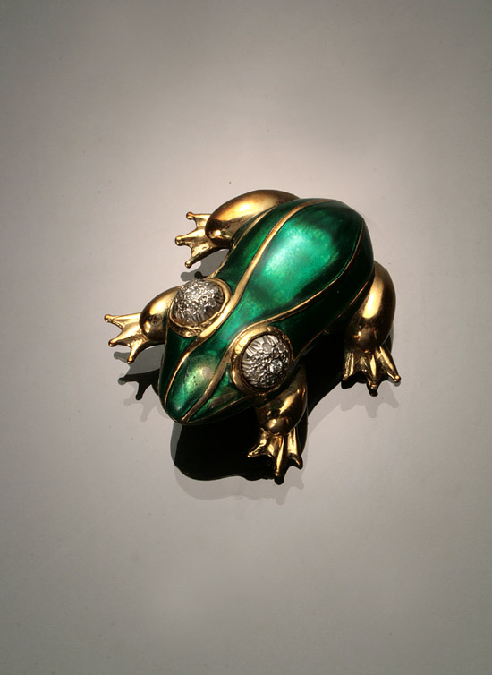 Appraisal: -Karat Yellow-Gold White-Gold Diamond and Green Enamel 'Frog' Brooch The