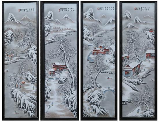 Appraisal: FOUR CHINESE PORCELAIN PANELS Painted to depict snow scene -