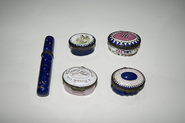 Appraisal: AN ENGLISH BLUE ENAMEL BODKIN CASE and four Staffordshire enamel