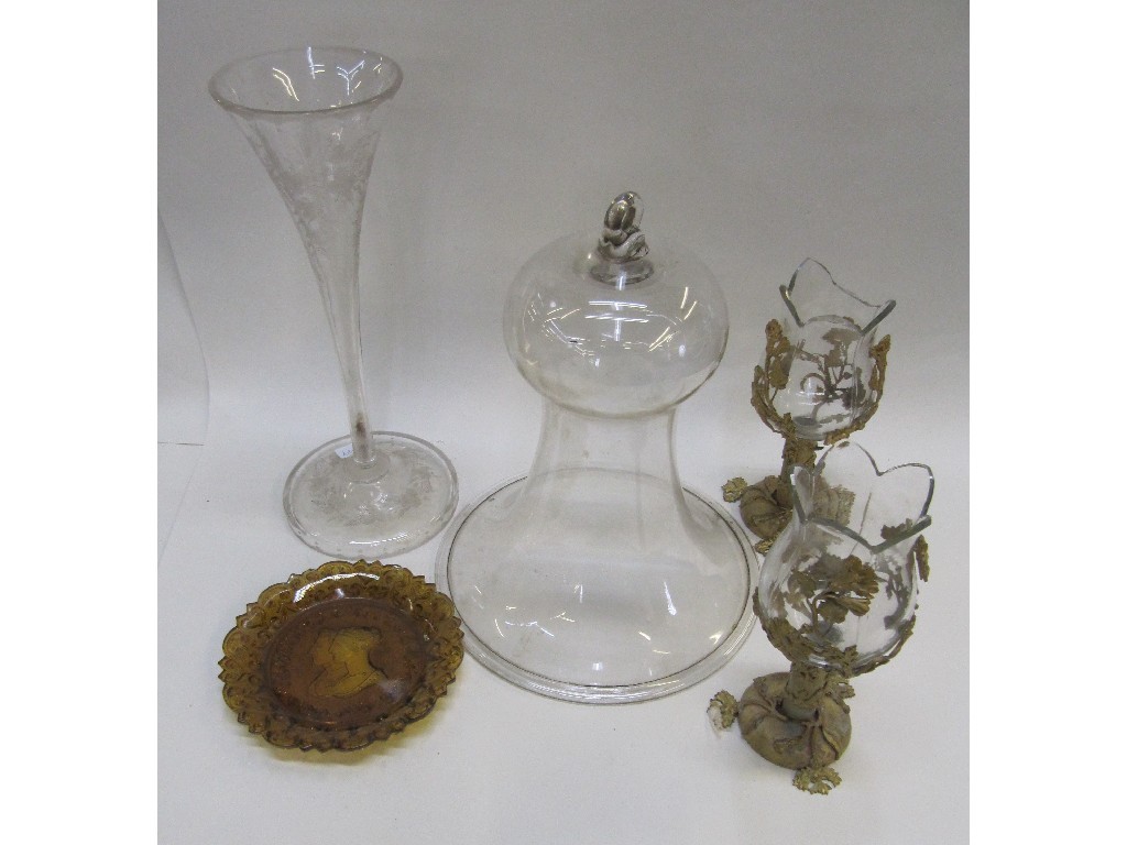 Appraisal: Engraved glass trumpet vase smoke bell commemorative plate and a