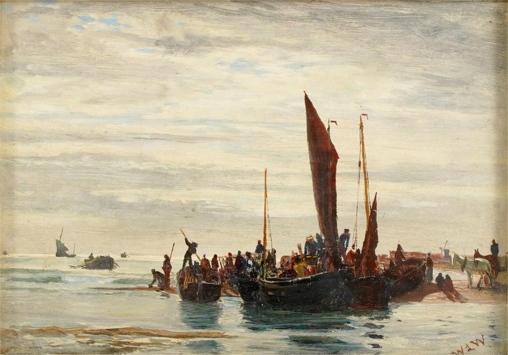 Appraisal: WILLIAM LIONEL WYLLIE - BOATS UNLOADINGoil on panel glazed and