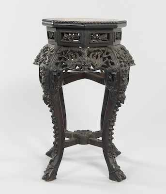 Appraisal: A Small Carved Wood and Marble Table Chinese The top