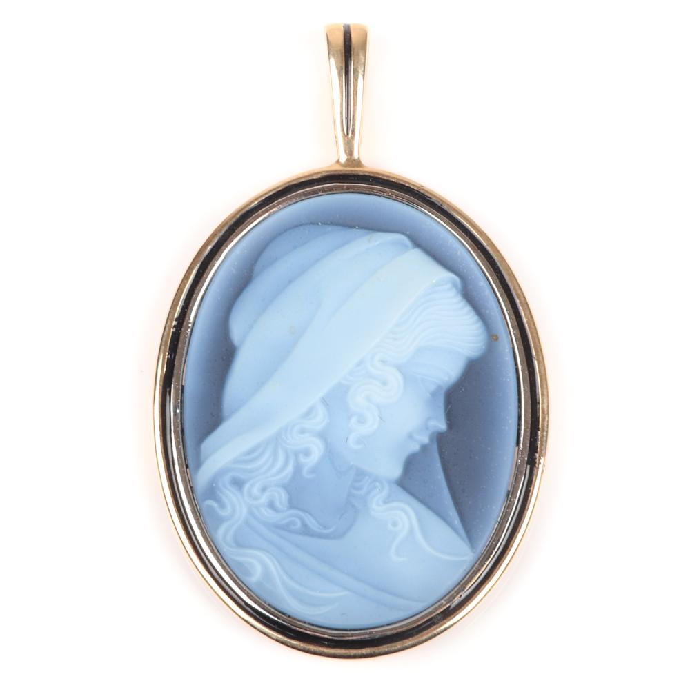 Appraisal: ANTIQUE CARVED BLUE AGATE CAMEO PENDANT IN K YELLOW GOLD