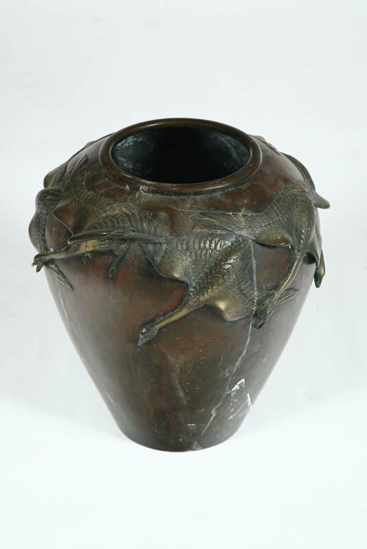 Appraisal: BRONZE VASE Japan th century Cast cranes around the circumference