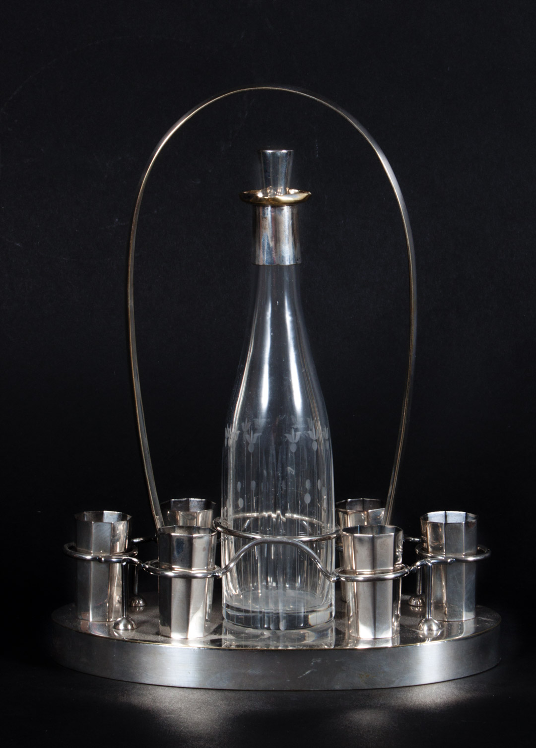 Appraisal: Art Deco silver plate and crystal decanter set circa silver