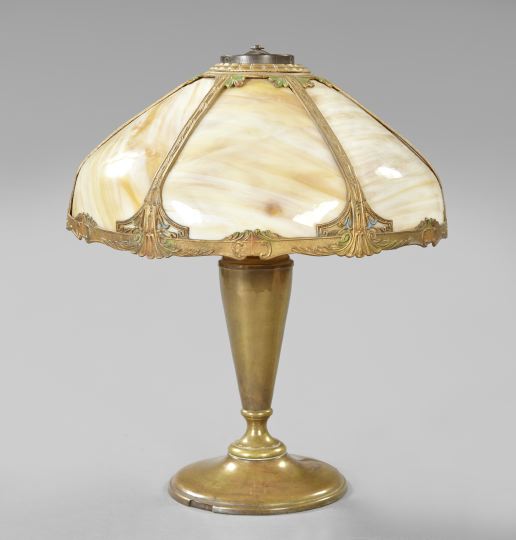 Appraisal: American Patinated Brass Gilt-Metal and Caramel Slag Glass Parlor Lamp