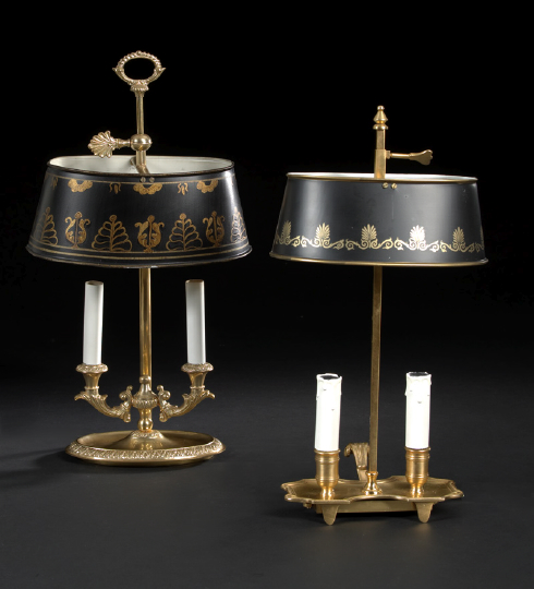 Appraisal: French Gilt-Brass and Tole-Peinte Double-Light Bouillotte Lamp in the Restauration